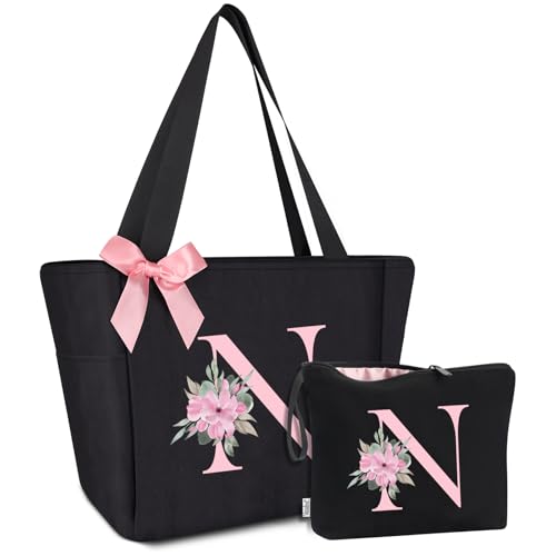 Tote Bag, A-Z Initial Monogrammed Waterproof Tote Bag, Bridesmaid Gifts for Women, Black and Pink (N, Black Set)