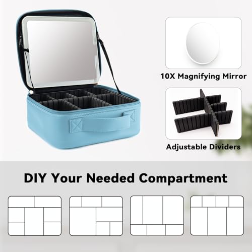 Travel Makeup Bag with LED Mirror and 10x magnifying glass with 3 Lighted Settings