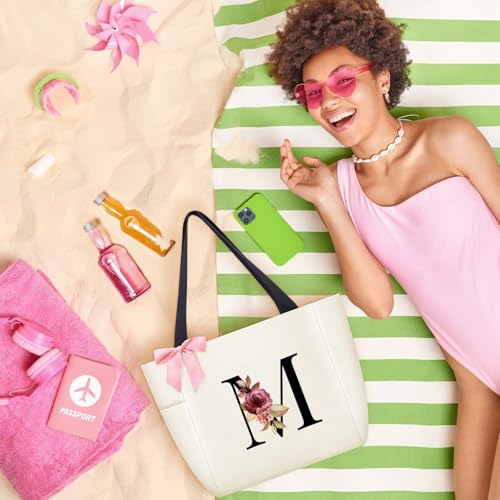 Tote Bag, A-Z Initial Monogrammed Waterproof Tote Bag, Bridesmaid Gifts for Women, Black and Pink (M, Beige)