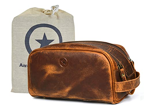 10" Premium Leather Toiletry Travel Pouch With Waterproof Lining Black Color
