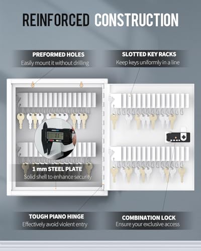 60 Position Slotted Key Cabinet with Combination Lock Resettable White Digital Security Storage Box Steel Key Organizer with Slotted Racks White Key Tag Labels and Permanent Pen