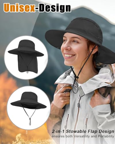 Outdoor Sun Hats with Stowable Neck Flap for Men Women UPF 50+ Mesh Summer Bucket Hat Wide Brim for Fishing Safari Hiking Black
