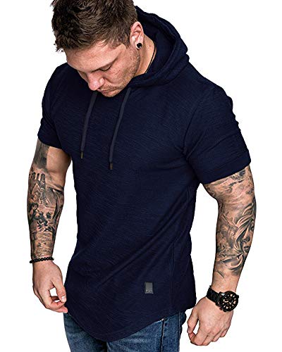 Mens Fashion Hoodies Sport Pullover Solid Color Shirt Workout Lightweight Tops Navy