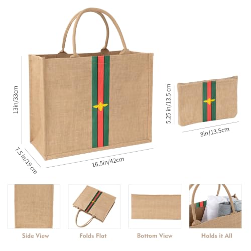 Large Beach Bag Jute Woven Red and Green and Black Stripe
