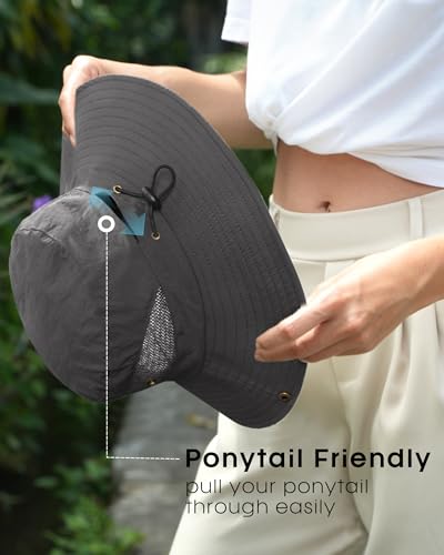Womens Sun Hat with Ponytail Hole Beach Hiking Summer Wide Brim UPF 50+ Outdoor Protection Foldable Bucket Hat Dark Grey