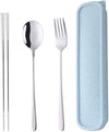 Portable Travel Flatware 3PCS Spoon Fork Chopsticks Set 18/10 Stainless Steel with Case and Bag for School Work Office lunch (Silver)