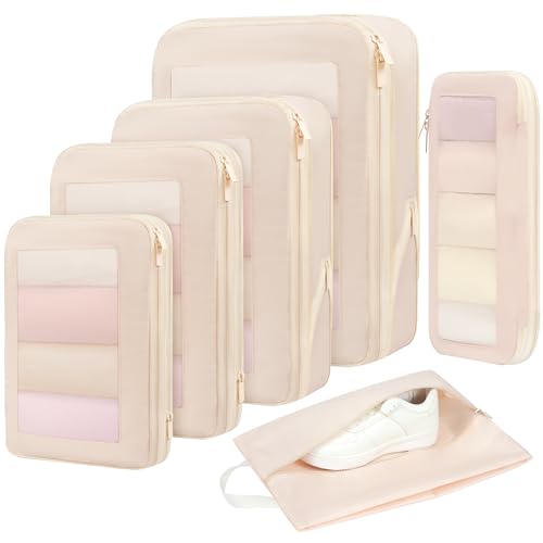 4 Set/6 Set/8 Set Compression Packing Cubes Travel Accessories Expandable Packing Organizers (Square Mesh, 05-Cream)