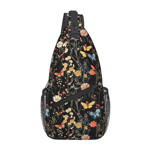 Sling Bag Wildflower Botanical Butterfly Flower Hiking Daypack Crossbody Shoulder Backpack Travel Chest Pack for Men Women