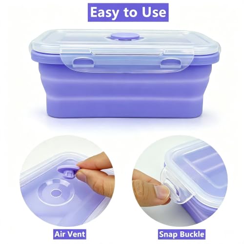 Purple Collapsible Meal Prep Containers Camping Bowls Silicone Bento Box with Airtight Plastic Lid