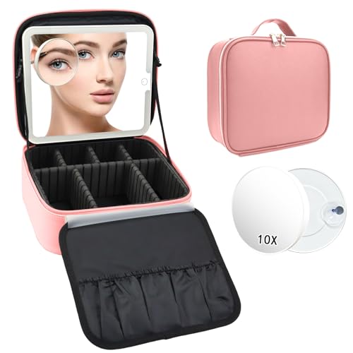 Travel Makeup Bag with LED Mirror and 10x magnifying glass with 3 Lighted Settings