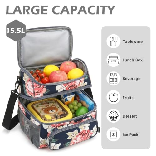 Double Layer Cooler Insulated Lunch Bag Adult Lunch Box Large Tote Bag for Men (Peony)