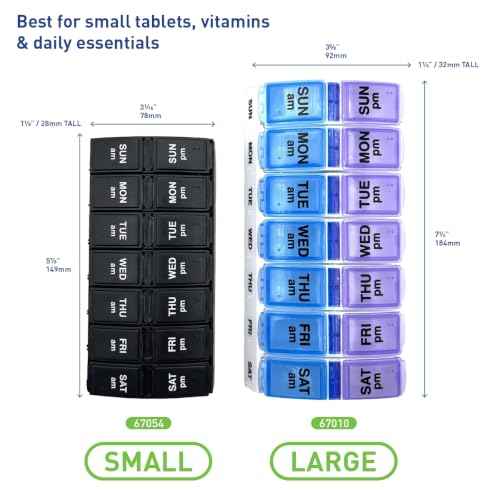 Weekly (7-Day) AM/PM Pill Organizer, Small Medicine Planner, Black