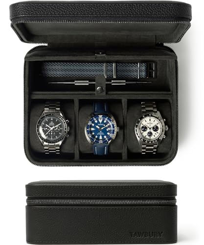 Watch Case 3 Slot Genuine Top Grain Leather Watch Box for Men & Women with Extra Wide Pillows for Large Watches and Compartment for Accessory Storage