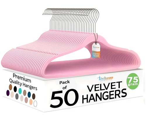 Premium Velvet Hangers 50 Pack Ultra Thin Non Slip Adult Felt Space Saving Suit Hanger for Closet Heavy Duty Coat Pants Jackets Dress Hangers 360° Swivel Hook Hold Upto 10 lbs Pink (50 Count)