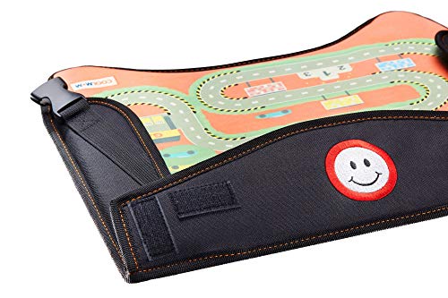 2-in-1 Kids Toddler Travel Tray & Back Seat Organizer — Foldable Waterproof Car Tray with Tablet Holder, Cup Holder, Storage Pockets for Road Trips & Airplane (Premium Black)