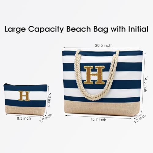 Beach Bag Initial Beach Tote with Makeup Bag for Travel
