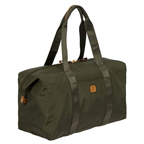 Bric’s X-Bag/X-Travel 2.0 Overnight Weekender Duffel, Water-Resistant Folding Carry-On with Leather Trim, Removable Shoulder Strap and Pass-Through Sleeve - Mini Bag Included – 18 Inch, Olive
