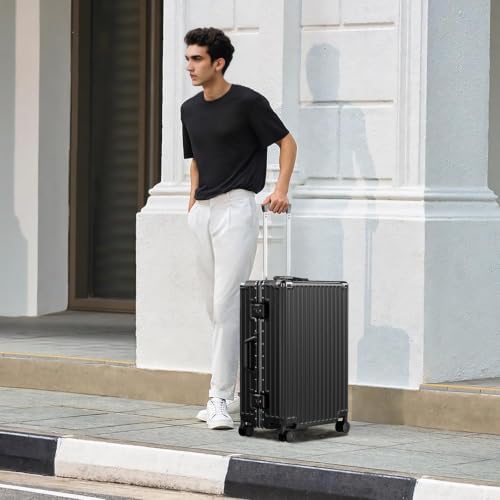 Luggage PC+ABS Aluminum Frame Zipperless Checked Luggage Hard Shell Suitcase with TSA Lock Double Spinner Wheels 28 Inch Black