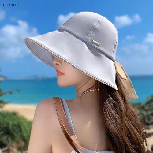 Wide Brim Hats for Woman Foldable Hats Sun Hats for Women uv Protection Bowknot Bucket hat Adjustable hat with Ponytail Hole Gery Grey