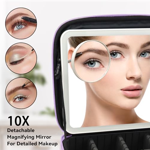 Travel Makeup Bag with LED Mirror and 10x magnifying glass with 3 Lighted Settings