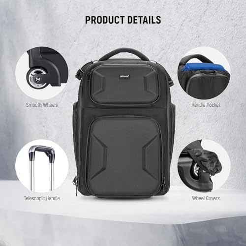 2 in 1 Camera Roller Bag with Detachable Shockproof Dividers Retractable Handle Waistband Rain Cover Water Resistant Robust Carry On Backpack for Camera Tripod Flash Lens Laptop