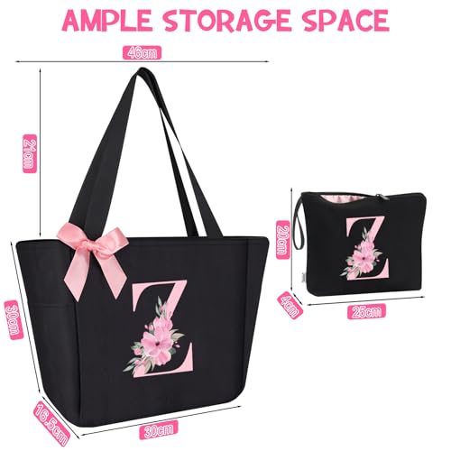 Tote Bag, A-Z Initial Monogrammed Waterproof Tote Bag, Bridesmaid Gifts for Women, Black and Pink (Z, Black Set)