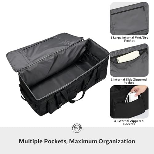 45/80/100L U-Zip Rolling Duffel Bag with Wheels, X-Large Durable Travel Duffle + Toiletry Bag, Lay-Flat Opening, Packable w/Shoulder Straps- Use as Luggage or Backpack, Men/Women (Black)
