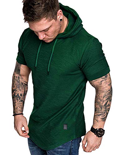 Mens Fashion Hoodies Sport Pullover Solid Color Shirt Workout Lightweight Tops Dark Green XX