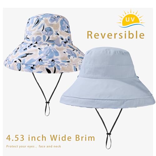 Womens Sun Hats Wide Brim Reversible Bucket Cotton Hat Packable Summer Travel Cap with Hat Clip