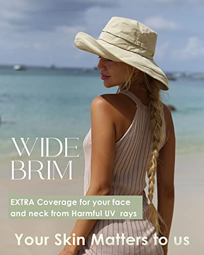 Womens Sun Hat with Ponytail Hole Cotton Shapeable Wide Brim Beige