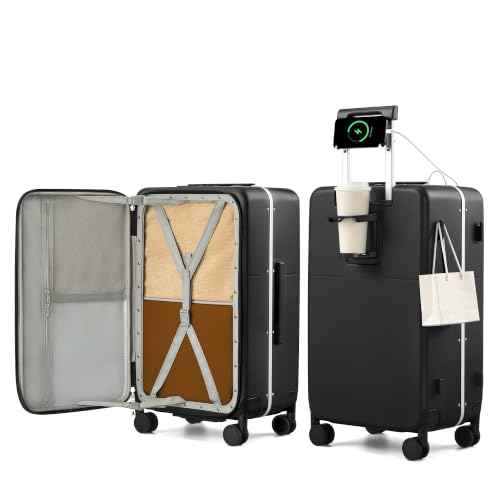24 Inch Top Opening Checked Luggage with Cup Holder and USB Ports