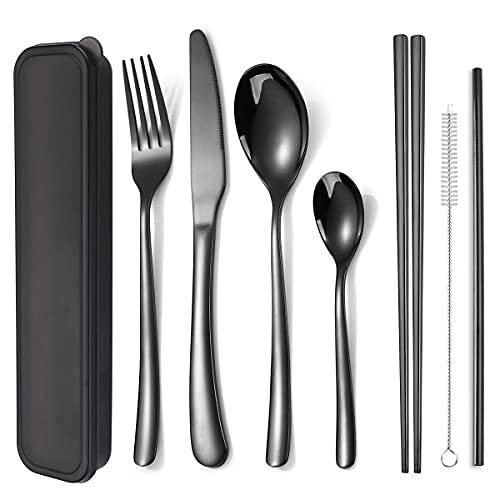 6 Pieces Stainless Steel Flatware Set Portable Reusable Cutlery Set Travel Utensils Set Including Chopsticks Knife Fork Spoon Straws Cleaning Brush Dishwasher Safe (6 Count)