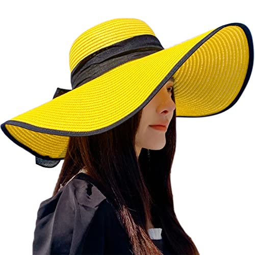 Womens Bowknot Straw Hat Foldable Beach Sun Hat Roll up UPF 50+