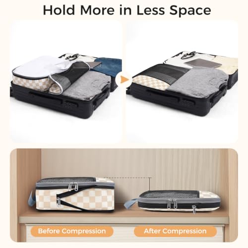 4 Set/6 Set/8 Set Compression Packing Cubes Travel Accessories Expandable Packing Organizers (Half Mesh, 6-Khaki Checkered) (6 Count)