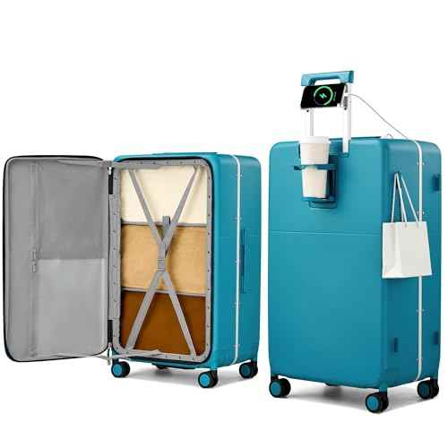 28 Inch Top Opening Checked Luggage with Cup Holder and USB Ports
