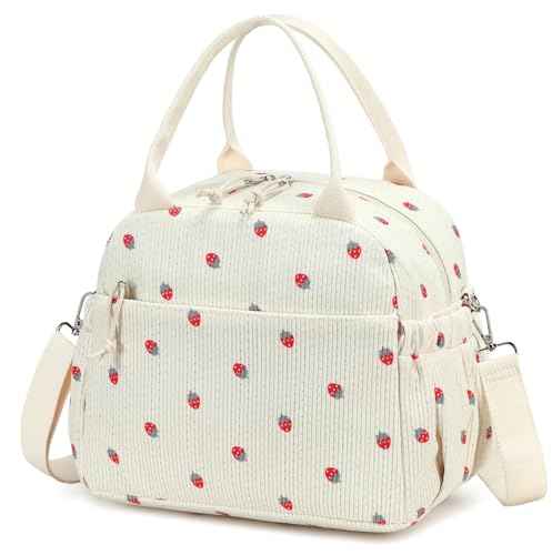 Lunch Bag for Women Cute Corduroy Lunch Tote Bags with Shoulder Strap Reusable Insulated Lunch Box Large Capacity Reusable Insulated Cooler for Work Picnic or Travel