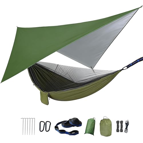 Camping Hammock with Rain Fly Tarp Mosquito Net Heavy Duty Tree Straps Portable Double Parachute Hammocks Tent Waterproof Rainfly Set