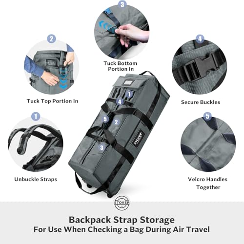 45/80/100L Rolling Duffel Bag with Wheels, Large Durable Travel Duffle + Toiletry Bag, Heavy Duty, Packable, Foldable with Shoulder Straps- Use as Luggage or Backpack, Men/Women (Grey)