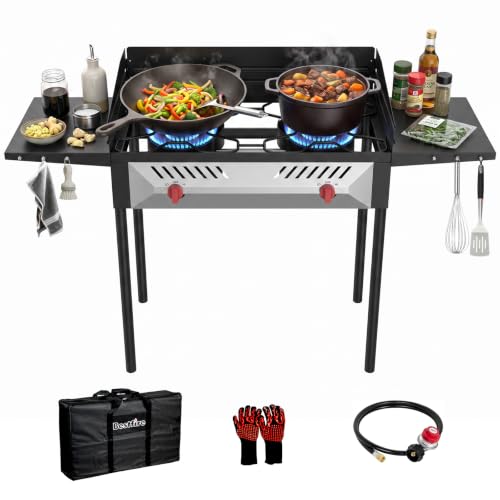 150000 BTU Dual Burner Camping Stove Portable Propane Wind Guard