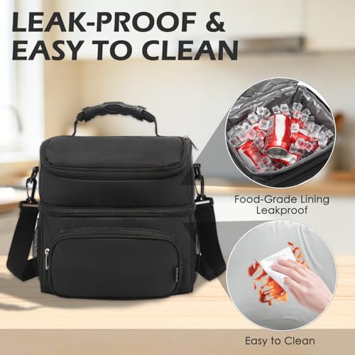 Double Layer Cooler Insulated Lunch Bag Adult Lunch Box Large Tote Bag for Men (Black)