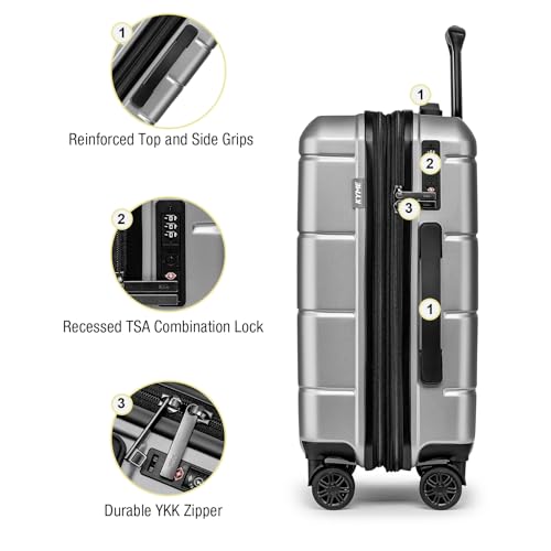 Carry On Luggage 22x14x9 Airline Approved Hardshell 20 Inch with TSA Lock Carry On Suitcase with Wheels Small Travel Rolling Luggage with Cup Holder for Women Men Silver