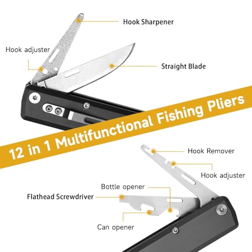12-in-1 Folding Fishing Pliers, Compact Saltwater Fishing Tool with Braid Cutter, Hook Remover, Split Ring Opener, Stainless Steel Fishing Gear Gift for Men