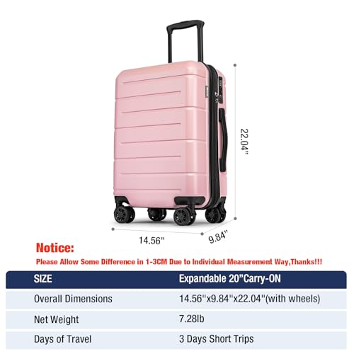 Carry On Luggage 22x14x9 Airline Approved Expandable Hardshell 20 Inch Suitcase with TSA Lock Carry On Suitcase with Wheels Small Travel Rolling Luggage with Cup Holder for Women