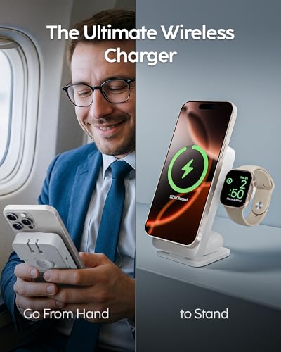 EcoHub 3-in-1 Magnetic Wireless Charger & Battery Pack for iPhone, iWatch, AirPods - 6,000mAh Battery | Built-in Wall Plug | 15W Magsafe Wireless Output | Foldable | Charging Station | White