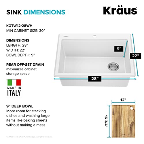 Bellucci 28 inch Granite Workstation Drop In Top Mount Single Bowl Kitchen Sink in White with Accessories