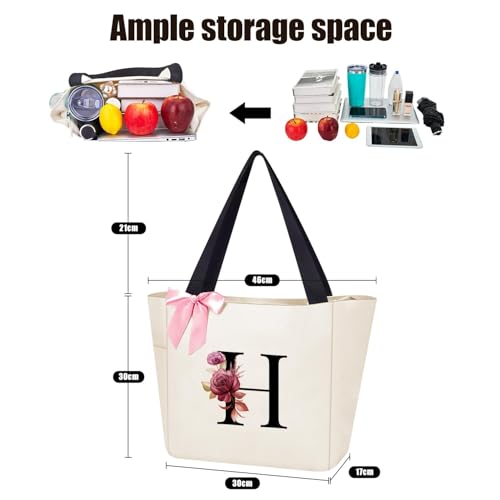 Tote Bag, A-Z Initial Monogrammed Waterproof Tote Bag, Bridesmaid Gifts for Women, Black and Pink (H, Beige)