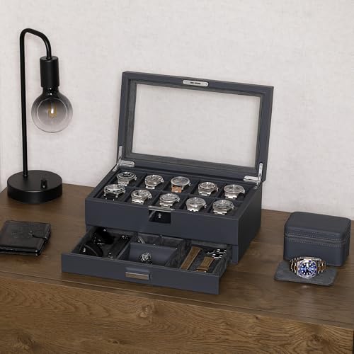 10 Slot Watch Box in Leather with Valet Drawer