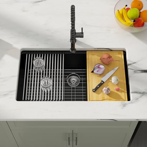 Matte Black Quartz Kitchen Sink 33” Undermount Single Bowl