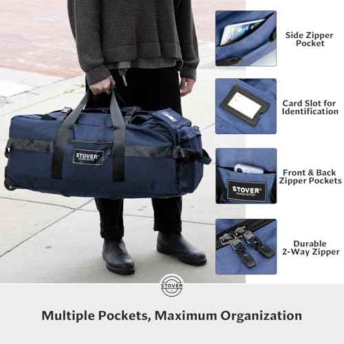 45/80/100L Rolling Duffel Bag with Wheels, Large Durable Travel Duffle + Toiletry Bag, Heavy Duty, Packable, Foldable with Shoulder Straps- Use as Luggage or Backpack, Men/Women (Navy Blue)