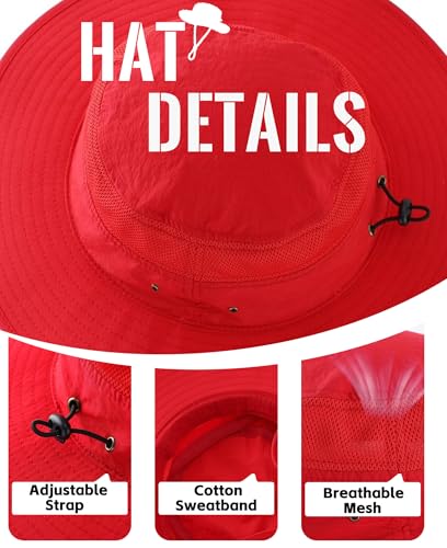 UPF50+ Sun Protection Hat Outdoor Bucket Hat for Fishing Hiking Gardening Safari Sailing Wide Brim Mesh Sun Hat for Men Women Beach Hat Red